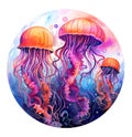 Watercolor pink jellyfish under the water. Ocean in circle illustration on white background. Royalty Free Stock Photo