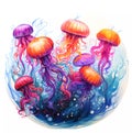 Watercolor pink jellyfish under the water. Ocean in circle illustration on white background. Royalty Free Stock Photo