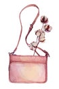 Watercolor pink leather bag and branch cotton isolated on white background. Hand drawn creative accessor object for shop