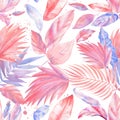 Watercolor pink and lilac color, light lilac, coral color, tropical leaves, Seamless patterns