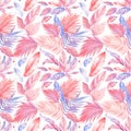 Watercolor pink and lilac color, light lilac, coral color, tropical leaves, Seamless patterns