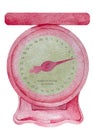 Watercolor pink vintage old weight scale for infant in pounds. Illustration of obstetric scales for baby shower