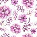 Watercolor Pink Peonies, Berries And Leaves Seamless Pattern