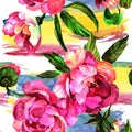 Watercolor pink peony flower. Floral botanical flower. Seamless background pattern. Royalty Free Stock Photo