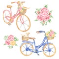Watercolor pink peony set and blue, pink bicycle, summer bouquets illustration, delicate floral arrangements, dog animal,