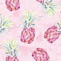 Watercolor pink pineapples on grunge background. Artistic tropical fruit seamless pattern