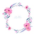 Watercolor pink poppies and floral branches circle frame border Royalty Free Stock Photo