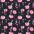 Watercolor pink poppies and floral branches seamless pattern