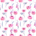 Watercolor pink poppies and floral branches seamless pattern