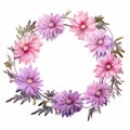 Watercolor Pink And Purple Daisy Wreath - Delicate And Luxurious Design Royalty Free Stock Photo