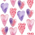 Watercolor abstract pink violet heart seamless pattern background