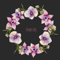 Watercolor pink and purple orchids wreath, hand painted on a dark background Royalty Free Stock Photo