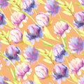 Watercolor pink and purple peonies, green leaves seamless pattern