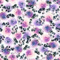 Watercolor pink, purple roses and elderberry branches seamless pattern