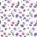 Watercolor pink, purple roses and elderberry branches seamless pattern
