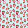 Watercolor pink and red strawberries seamless pattern on blue background. Fruits and berries cute illustration Royalty Free Stock Photo