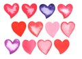 Watercolor Pink, Red and Violet Love Hearts isolated