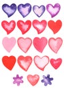 Watercolor Pink, Red and Violet Love Hearts isolated
