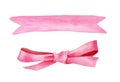 Watercolor pink ribbon and bow set. Hand drawn cute bright bowknot and banner illustration isolated on white background