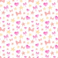 Watercolor pink ribbon bows, hearts and stars seamless pattern. Hand painted cute simple design isolated on white Royalty Free Stock Photo