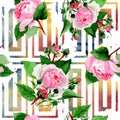 Watercolor pink rose flower. Floral botanical flower. Seamless background pattern. Royalty Free Stock Photo