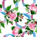 Watercolor pink rose flower. Floral botanical flower. Seamless background pattern. Royalty Free Stock Photo