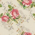 Watercolor rose with meadow flowers. Floral seamless pattern. Royalty Free Stock Photo