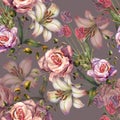 Watercolor pink rose with lily in seamless pattern. Hand painted bouquet on a gray background. Royalty Free Stock Photo
