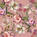 Watercolor pink rose with lily in seamless pattern. Hand painted bouquet on a pink background. Royalty Free Stock Photo