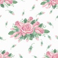Watercolor pink roses group seamless pattern.Buds