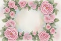 Watercolor pink roses and leaves frame on white background with space for text. Floral wreath. Pastel colors.