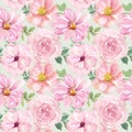 Watercolor floral seamless pattern with hand-painted blush pink flowers and green leaves Royalty Free Stock Photo