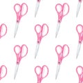 Watercolor pink scissors seamless pattern on white background