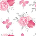 Watercolor pink and silver seamless pattern with butterfly and f