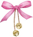 Watercolor pink striped bow with golden bells. Christmas and New Year`s illustration isoated on white background.