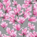 Watercolor pink tropical magnolia on grey background pattern