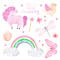 Watercolor pink unicorn illustration set