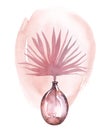 Watercolor pink vase with tropical leaves. Poster with antique glass and transparent palm branch. Interior decoration in