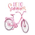 Watercolor pink vintage bicycle illustration. hand drawn beach cruiser, isolated on white background. Summer bike ride Royalty Free Stock Photo