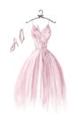 Watercolor pink wedding dress and pink woman shoes on white background Royalty Free Stock Photo