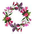 Watercolor pink weigela florida flowers. Floral botanical flower. Frame border ornament square.