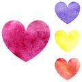 Watercolor pink yellow orange violet heart set isolated vector Royalty Free Stock Photo