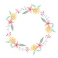 Watercolor Pink Yellow Roses Berries Flowers Spring Summer Wedding Floral Wreath Garland Royalty Free Stock Photo