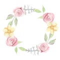 Watercolor Pink Yellow Roses Berries Flowers Spring Summer Wedding Floral Wreath Garland Royalty Free Stock Photo