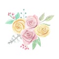 Watercolor Pink Yellow Roses Berries Flowers Spring Summer Wedding Floral Bouquet Royalty Free Stock Photo