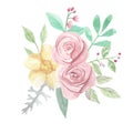 Watercolor Pink Yellow Roses Berries Flowers Spring Summer Wedding Floral Bouquet Royalty Free Stock Photo
