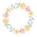 Watercolor Pink Yellow Roses Berries Flowers Spring Summer Wedding Floral Wreath Garland Royalty Free Stock Photo