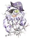 Watercolor pirate cat. Stylized sailor cat with corsair hat, eye patch and steering wheel.