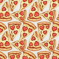 Watercolor Pizza Slices with Heart Toppings Pattern Royalty Free Stock Photo