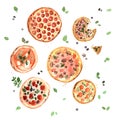 Watercolor pizzas hand drawn, margarita, pepperoni, italian food, italian kitchen